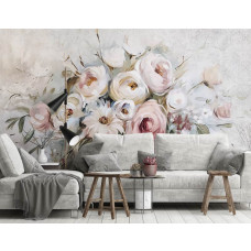 Eine Fototapete mit einem Blumenstrauß auf Beton, geeignet für ein Wohnzimmer.