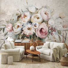 Eine Fototapete mit einem Blumenstrauß aus Rosen auf Beton, perfekt für ein Wohnzimmer.