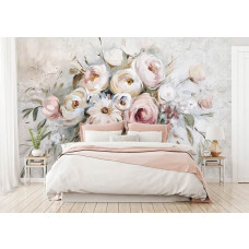 Eine Fototapete mit einem Blumenstrauß auf einem Beton-Hintergrund, ideal für ein Schlafzimmer.