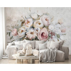 Eine Fototapete mit einem Blumenstrauß auf Beton, geeignet für ein Wohnzimmer.