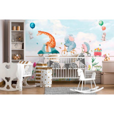 Eine fröhliche Fototapete mit Blumen, Giraffen, Elefanten und Igeln in sanften Farben für ein Babyzimmer.