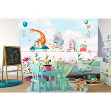 Eine verspielte Fototapete mit Tieren wie einer Giraffe und einem Elefanten, ideal für ein Jungenzimmer.