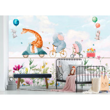 Eine Kindertapete mit einer verspielten Mischung aus Tieren und Blumen in fröhlichen Farben.