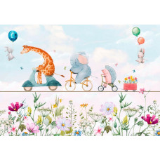 Kindertapete mit Tieren wie Giraffen, Elefanten und Igeln, kombiniert mit Blumen.