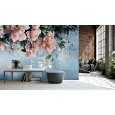 Eine Fototapete von Blumen und Blättern in Altrosa auf Beton in einem Büro.