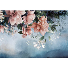 Fototapete von Blumen und Blättern in Altrosa, dargestellt auf einem Betonhintergrund.