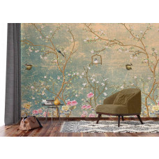 Ein Fototapet von Blumen und Vögeln an einer Grunge-Wand in einem Wohnzimmer mit Airtex.