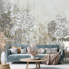 Eine Fototapete von Blumen in Beton in Kunstmalerei im Wohnzimmer.