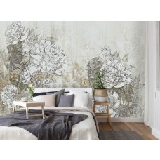 Eine Fototapete von Blumen in Beton in Kunstmalerei im Schlafzimmer.