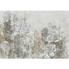 Fototapete mit einer künstlerischen Malerei von Blumen in einem konkreten Hintergrund, kombiniert mit künstlerischen Details.