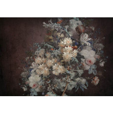 Fotobehang bloemen in oude meesterstijl met witte en roze bloemen tegen een donkere achtergrond.