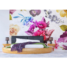 Eine Fototapete mit Blumen im raffinierten Kunststil, ideal für ein beruhigendes und stilvolles Schlafzimmer.