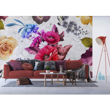 Eine Fototapete mit Blumen im raffinierten Kunststil, perfekt für die Schaffung einer künstlerischen Atmosphäre in einem Wohnzimmer.