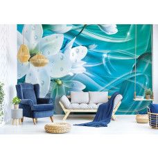 Eine Fototapete mit einem abstrakten Blumenmuster mit Diamanten, geeignet für das Wohnzimmer.