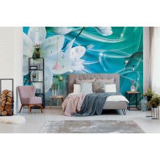 Eine Fototapete mit luxuriösen gewellten Blumen und Diamanten, geeignet für das Schlafzimmer.