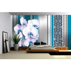 Eine Fototapete mit einer abstrakten Darstellung von blauen Blumen.