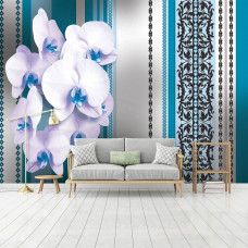 Eine Fototapete mit abstrakten blauen Blumen, ideal für das Wohnzimmer.