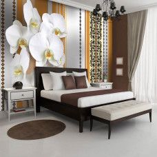 Eine Fototapete mit abstrakten orangefarbenen Blumen, geeignet für ein Büro.