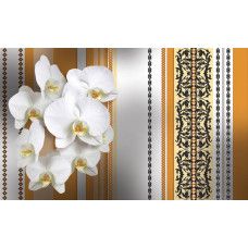 Orangefarbenes Blumenmuster, abstrahiert auf einer Fototapete für eine warme und lebendige Atmosphäre.