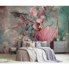 Eine Fototapete mit Blumen auf einem Gemälde in einem künstlerischen Schlafzimmer.