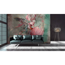 Eine Fototapete mit Blumen auf einem Gemälde im Vliestapetenstil für ein Wohnzimmer.
