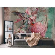 Eine Fototapete mit Blumen auf einem Gemälde in einem modernen Wohnzimmer.