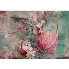 Eine Fototapete mit Blumen auf einem Gemälde in einer künstlerischen Komposition.