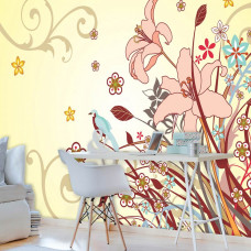 Eine Fototapete mit einem abstrakten Blumenmuster im künstlerischen Stil für ein Büro.