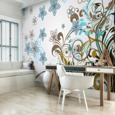 Eine Fototapete mit einem künstlerischen Blumenmuster mit abstrakten Formen und Ornamenten.