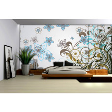 Eine Fototapete mit einem abstrakten Blumenmuster in einem künstlerischen Stil, ideal für ein Schlafzimmer.