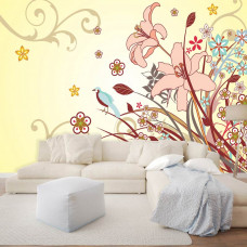 Eine Fototapete mit einem abstrakten Blumenmuster mit bunten Details in einem Wohnzimmer.