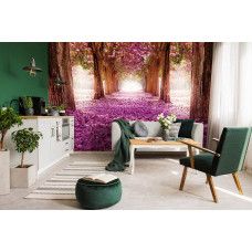 Eine Fototapete mit einem 3D-Tunnel mit Blumen und Bäumen für die Küche.