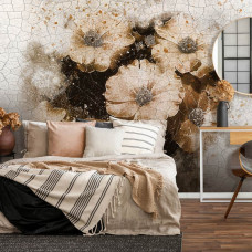 Eine Fototapete mit Blumen, die aus der Wand zu kommen scheinen, in 3D-Effekt auf Beton im Schlafzimmer gesehen.
