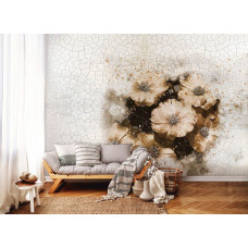 Eine Fototapete mit Blumen, die aus der Wand zu kommen scheinen, in 3D-Effekt auf Beton im Wohnzimmer gesehen.