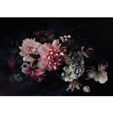 Blumenstrauß auf schwarzem Hintergrund mit leuchtenden Farben und Kontrast, Fototapete, die Eleganz und Luxus ausstrahlt.