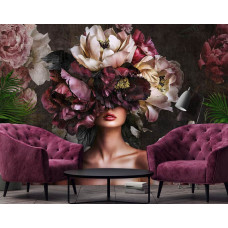 Fotobehang met een expressief bloemenportret van een vrouw in een creatief en stijlvol kantoor.