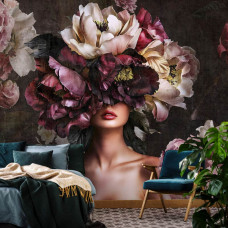 Fotobehang met een expressief bloemenportret van een vrouw in een moderne slaapkamer.