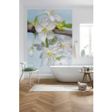 Eine Fototapete mit zarten Blüten, perfekt für einen ruhigen und beruhigenden Look. Dieses Design passt wunderbar ins Badezimmer und sorgt für eine entspannende Atmosphäre.