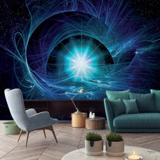 Eine Fototapete mit einer explosiven blauen Supernova, speziell für ein Wohnzimmer.