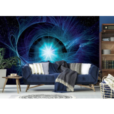 Eine Fototapete mit einer Weltraumgalaxie mit blauen Details und einem Sternenthema, ideal für ein Wohnzimmer.