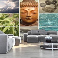 Eine Fototapete mit einem Buddha im Yoga- und Pilates-Stil für das Wohnzimmer.