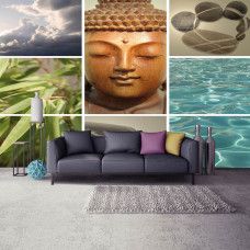 Eine Fototapete mit einer Buddha-Yoga-Collage für das Wohnzimmer.