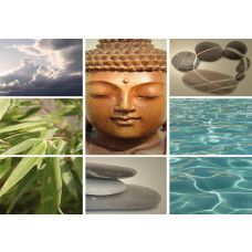 Fototapete mit Buddha-, Yoga- und Pilates-Symbolen in einer harmonischen Collage.