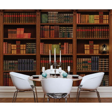 Fotobehang Boekenkast, met een oude boekenkast vol boeken die een klassieke en gezellige uitstraling geven in een eetkamer.