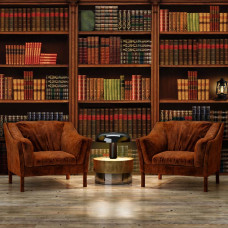 Fotobehang Boekenkast, met een oude boekenkast vol boeken die een klassieke en gezellige uitstraling geven op vliesbehang in een woonkamer.