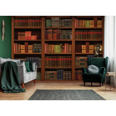 Fotobehang Boekenkast, met een oude boekenkast vol boeken die een klassieke en gezellige uitstraling geven in een woonkamer.