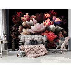 Eine Fototapete mit einem bunten Blumenstrauß, zu sehen im Schlafzimmer.
