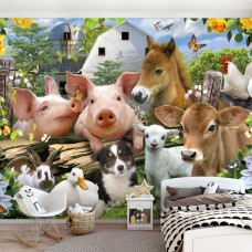 Eine Fototapete mit fröhlichen Bauernhoftieren, ideal für ein Jungenzimmer.