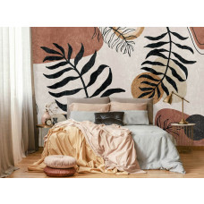 Eine Fototapete mit Blättern im böhmischen Dschungel-Stil, perfekt für ein Schlafzimmer.