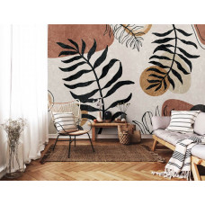 Eine böhmische Dschungel-Fototapete mit exotischen Blättern, ideal für ein Wohnzimmer.